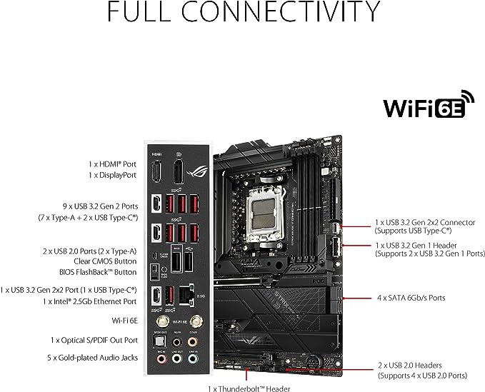 ASUS ROG Strix X670E-F Gaming WIFI6E Socket AM5 (LGA 1718) Ryzen 7000 Gaming Motherboard(PCIe 5.0, DDR5,16 + 2 Power Stages,Four M.2 Slots with heatsinks,USB 3.2 Gen 2x2,AI Cooling II, and Aura Sync) ASUS ROG Strix X670E-F Gaming WIFI6E Socket AM5 (LGA 1718) Ryzen 7000 Gaming Motherboard(PCIe 5.0, DDR5,16 + 2 Power Stages,Four M.2 Slots with heatsinks,USB 3.2 Gen 2x2,AI Cooling II, and Aura Sync)